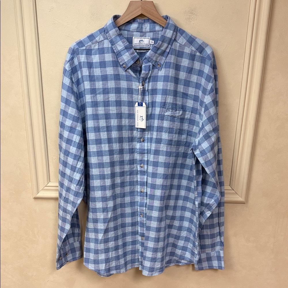 New! Southern Tide Linen Blend Checkered Button Down Shirt size XXL